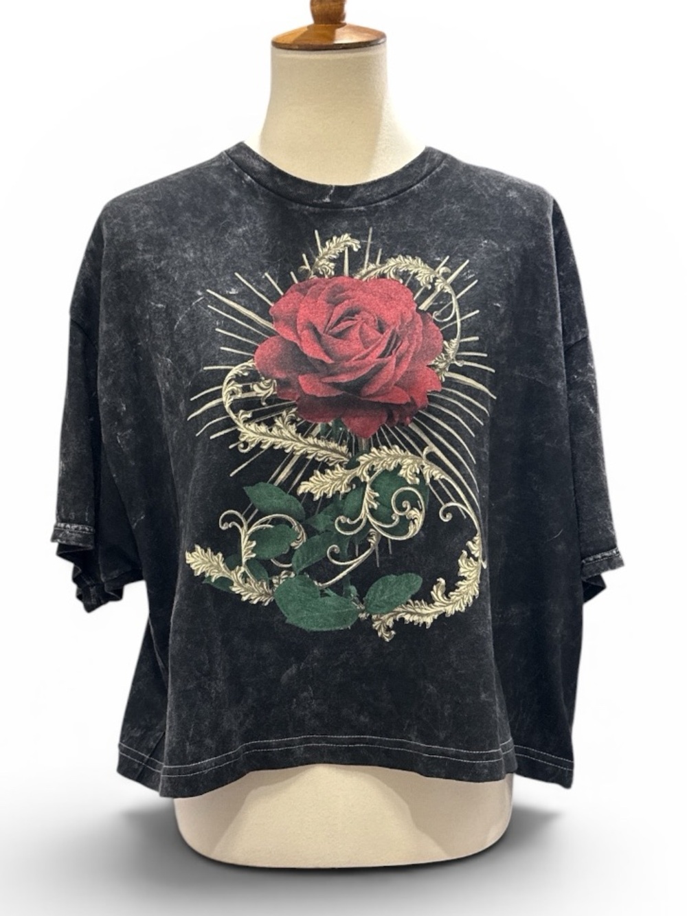 Washed Black Rose Graphic Short Sleeve Tee #488 - Picture 1 of 3